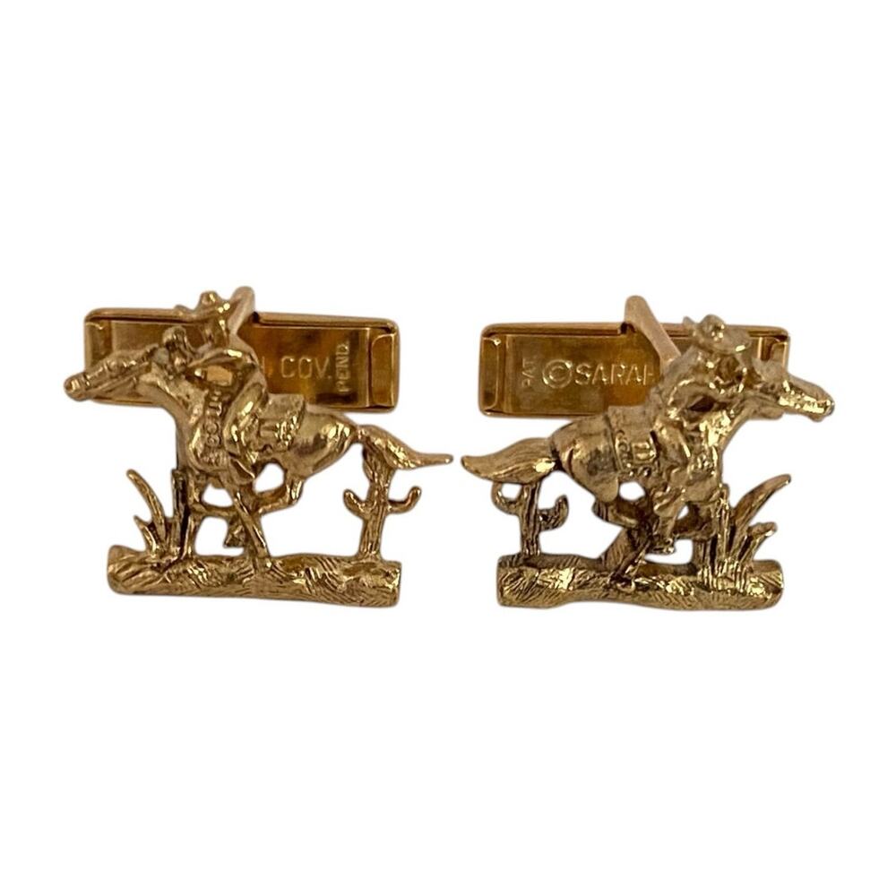 Sarah Coventry Cowboy Cufflinks Horse Gold Tone Pony Express 0.75" Vtg Western